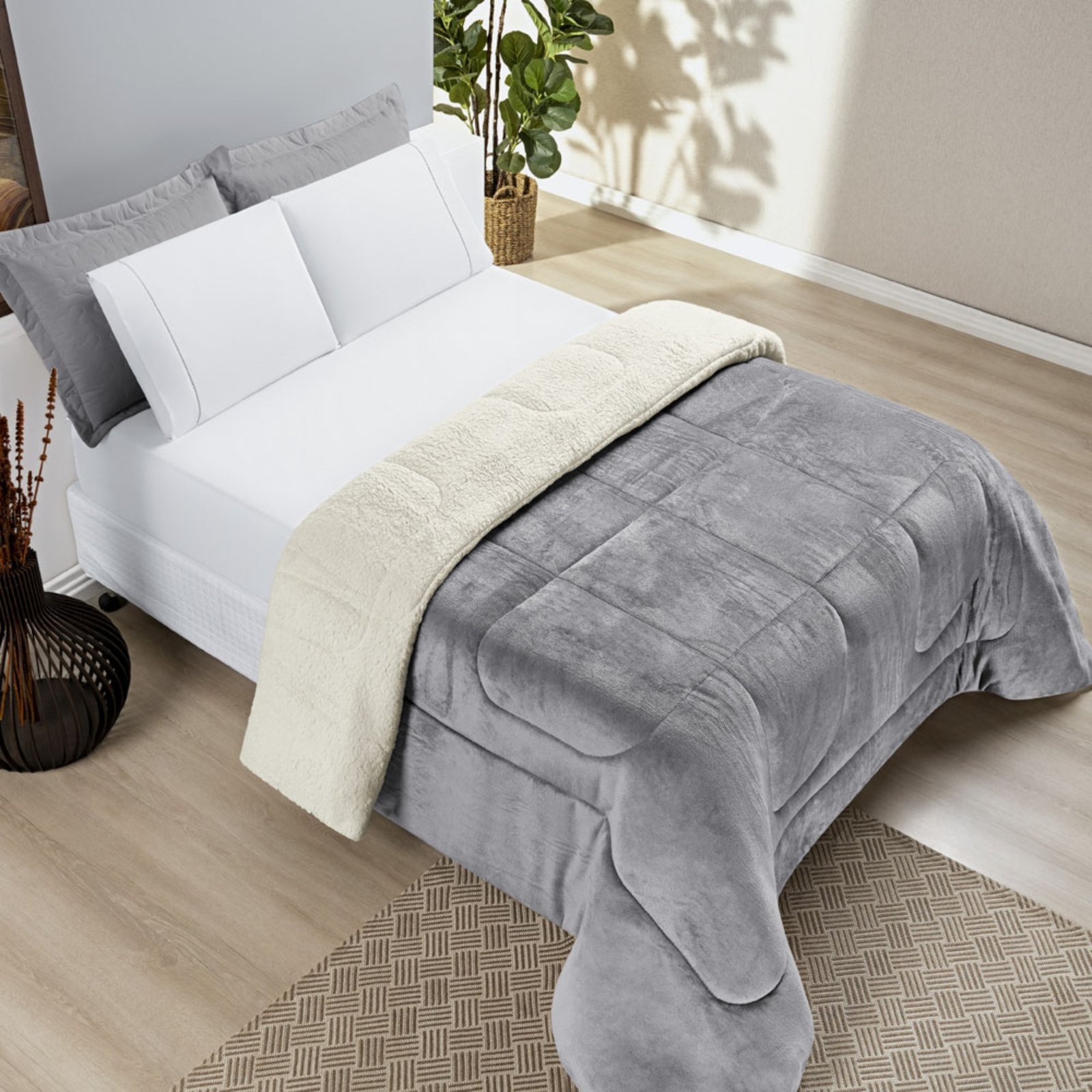Coberdrom Casa Scarpa Apollo King Sherpa Pele de Carneiro + Manta Flannel - Cinza