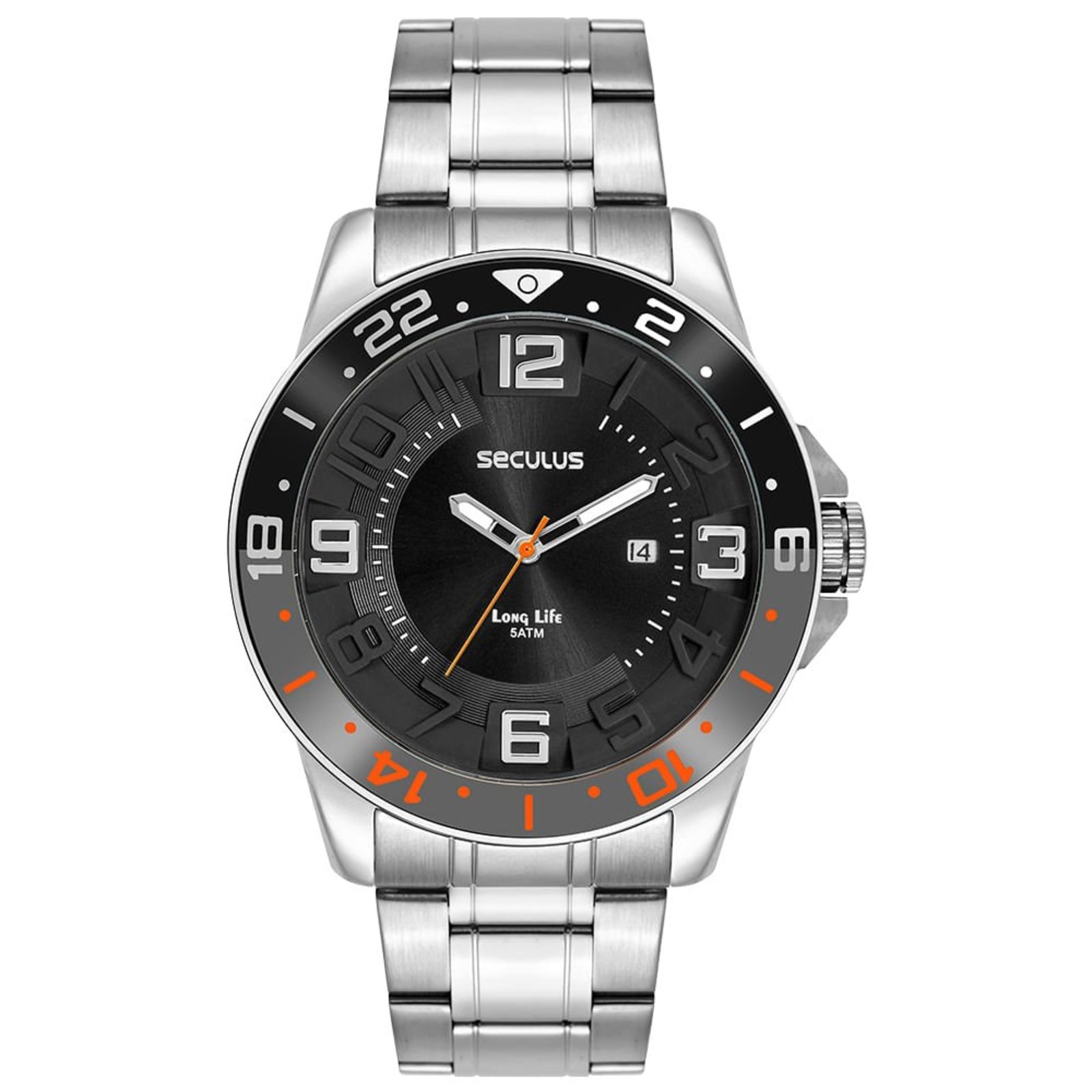 Relógio Seculus Masculino Preto Prata com Calendário Aro 3D Seculus