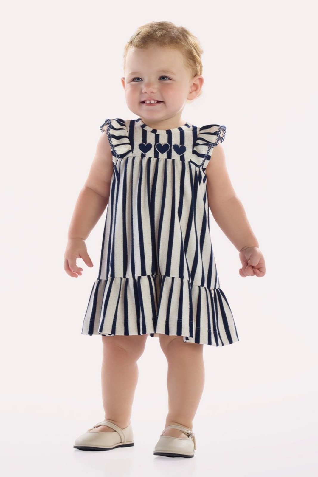 Infantil - Vestido Marinho Listrado com Brilho e Bordado