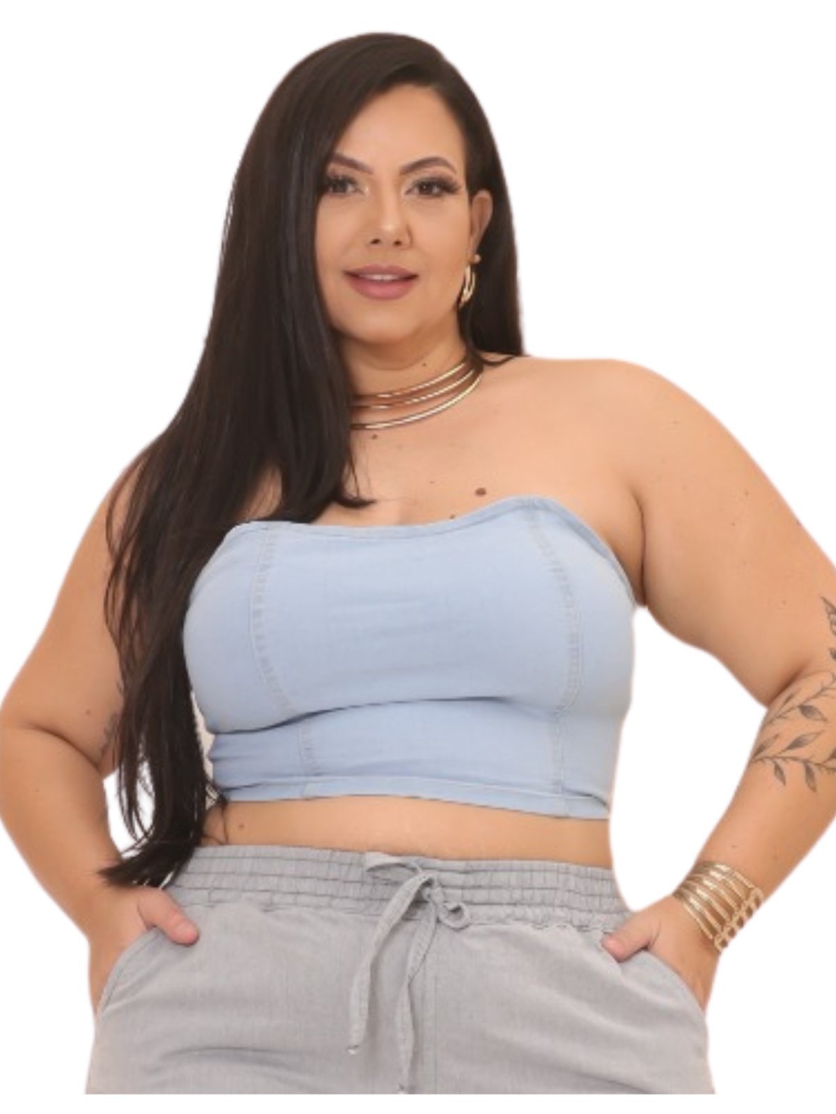 Top Feminino Jeans Light Faixa Tomara que Caia Jeans Delave com Elastico