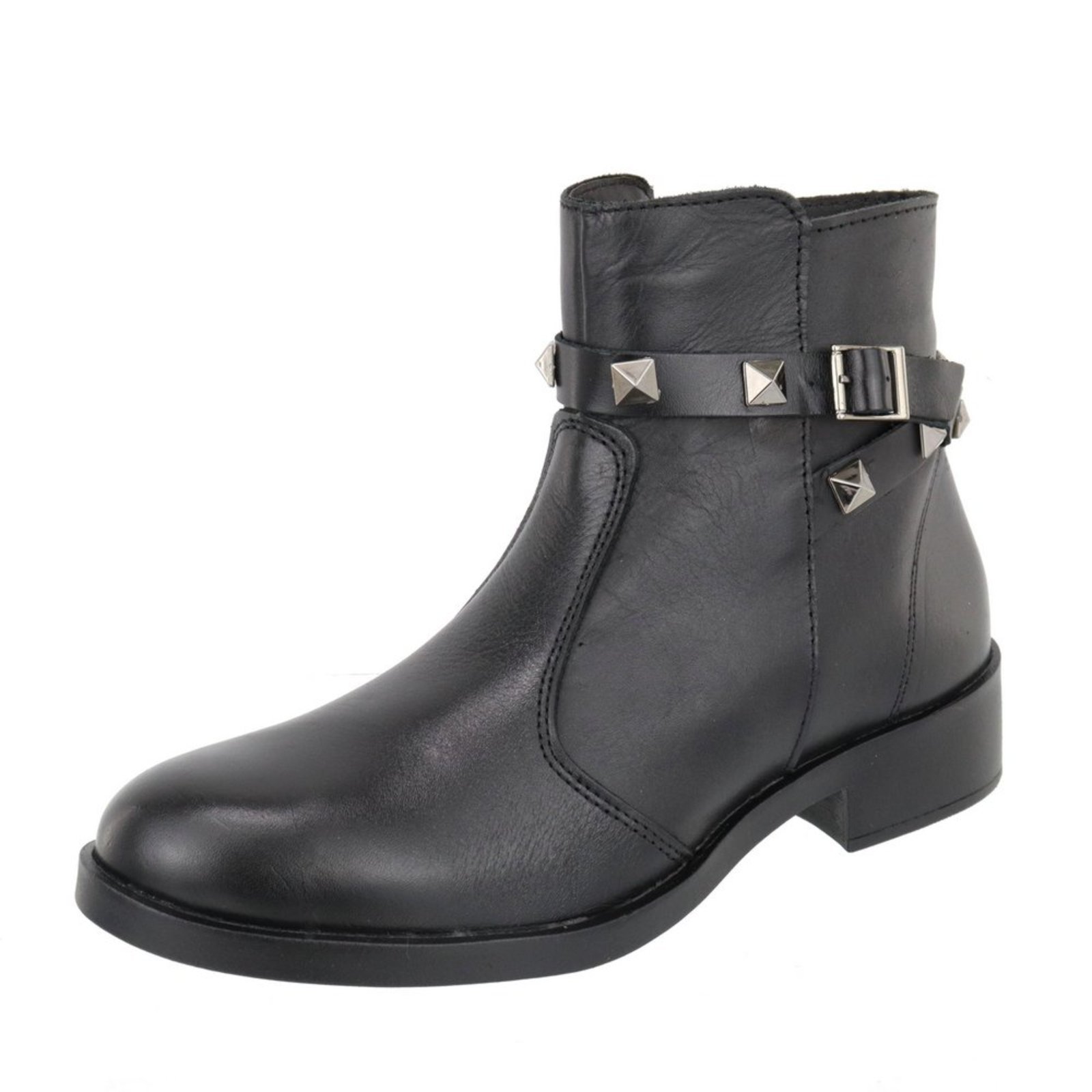 Bota Em Couro Cano Médio Fivela Pirâmide Botinha Coturno Ziper Lateral Calce Facil Agnes Veronez Preto