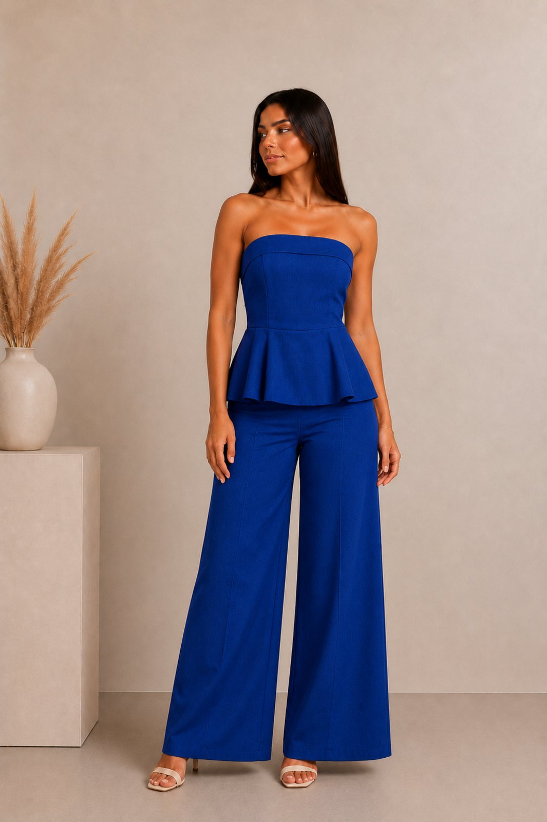 Conjunto Feminino Tomara que Caia com Peplum e Calça Pantalona em Listo Misto Azul Royal