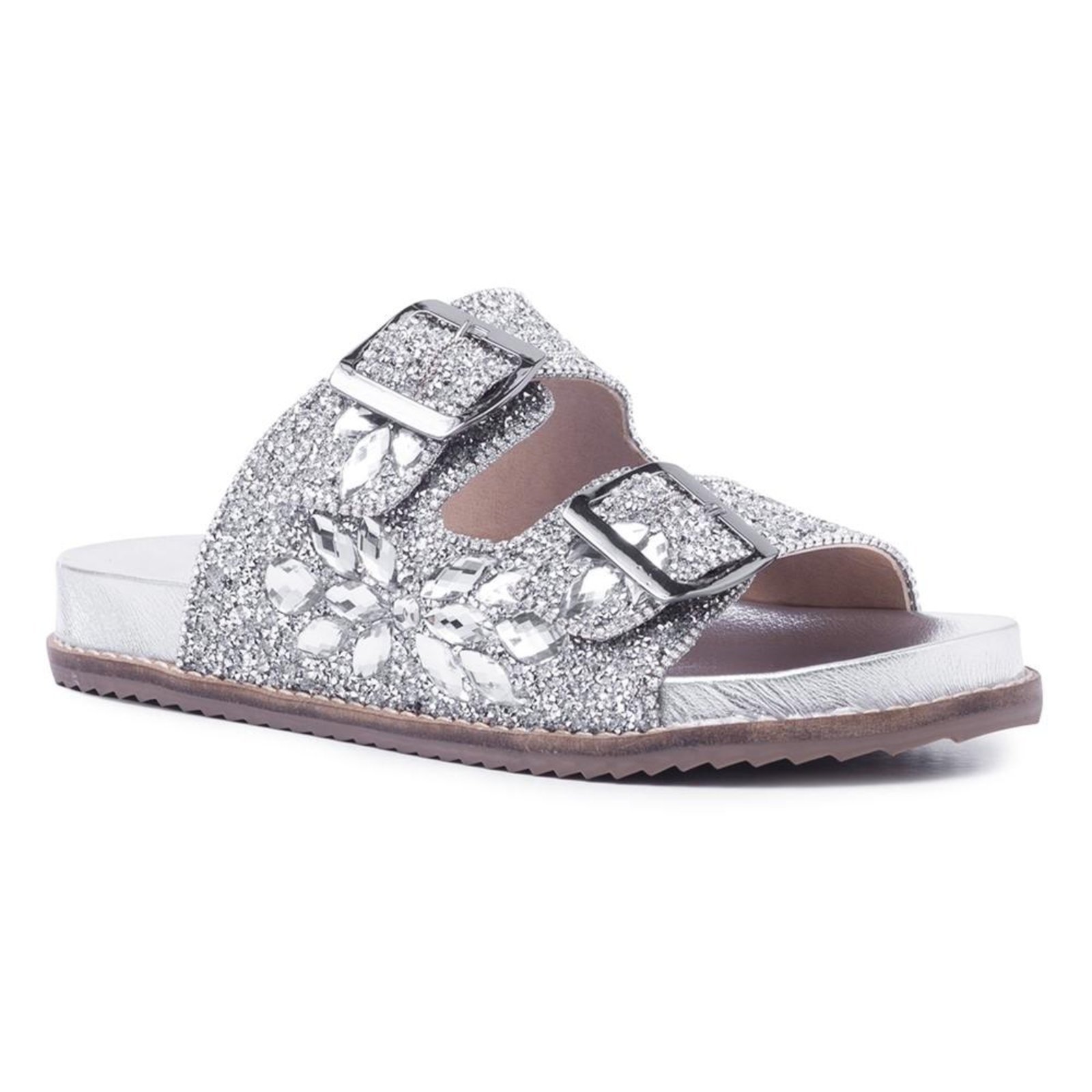 Sandália Feminina Papete Flatform Pedraria Brilho Fivela Preto 33 Prata