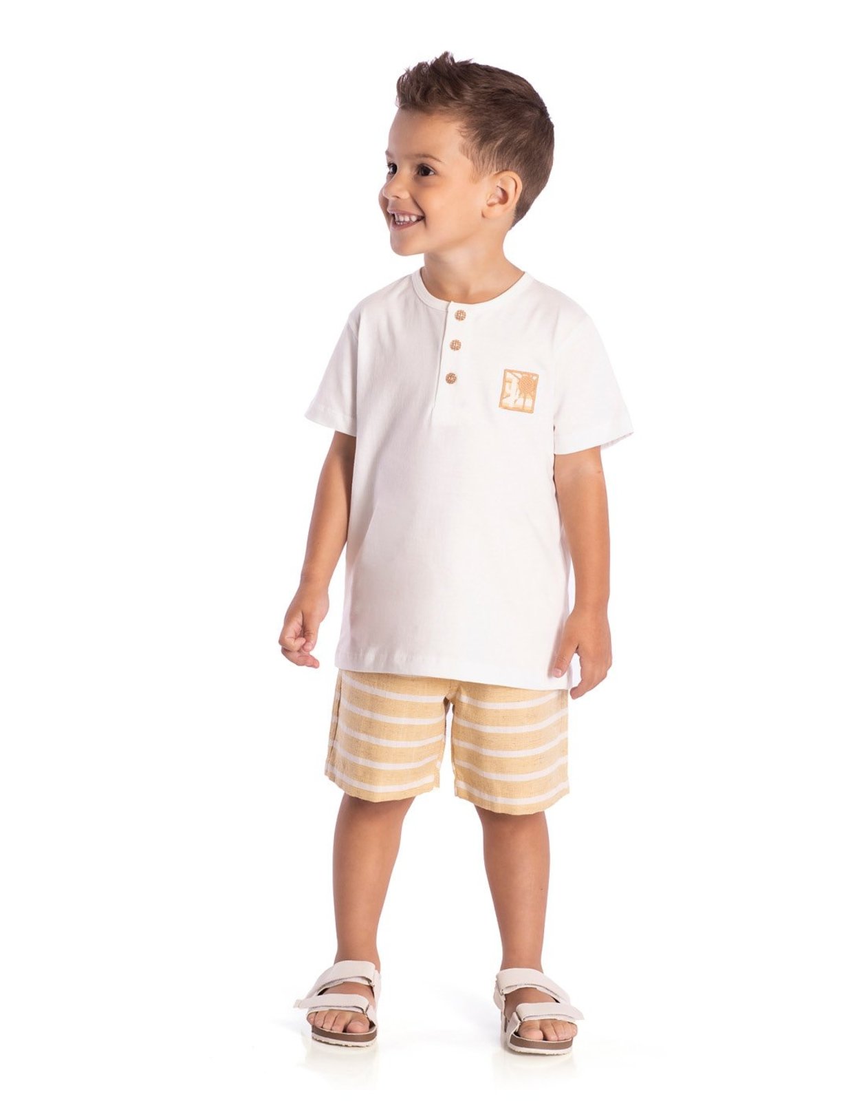 Infantil - Conj. camiseta manga curta off white + bermuda linho listrada