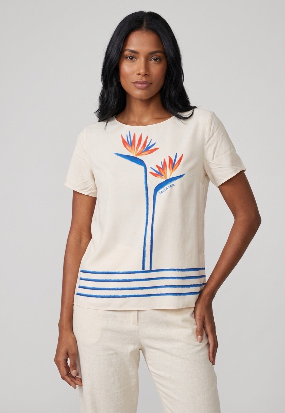 Blusa Feminina Lez a Lez Estampa Floral e Listras Off-White