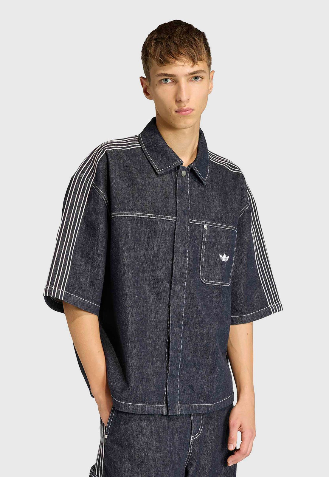 Camisa Jeans Masculina Adidas Originals Manga Curta Algodão Azul Escuro