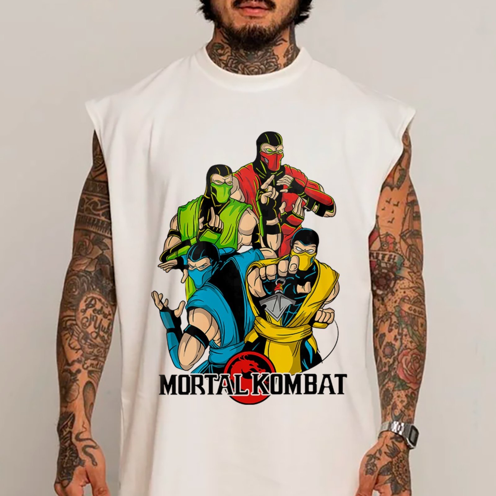 Camiseta Regata Machão Mortal Kombat Scorpion Sub Zero Ninja Geek Masculina Branco