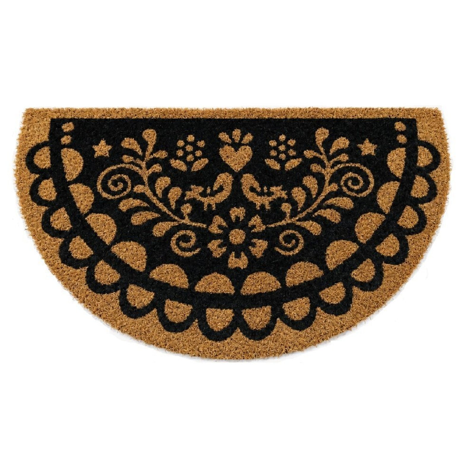 Capacho Meia Lua Fibra De Coco 60x33cm - Komeco Xilogravura Flores