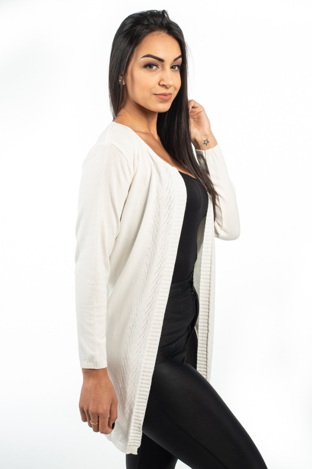 Casaco Tricot Algodão Shirley Malhas Comprido Trança Off White