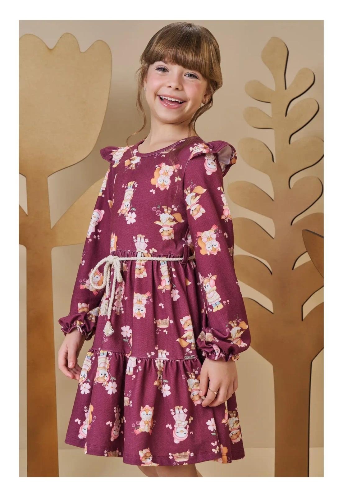 Infantil - Vestido Manga Longa Vinho com Estampa Infanti 10 Vinho