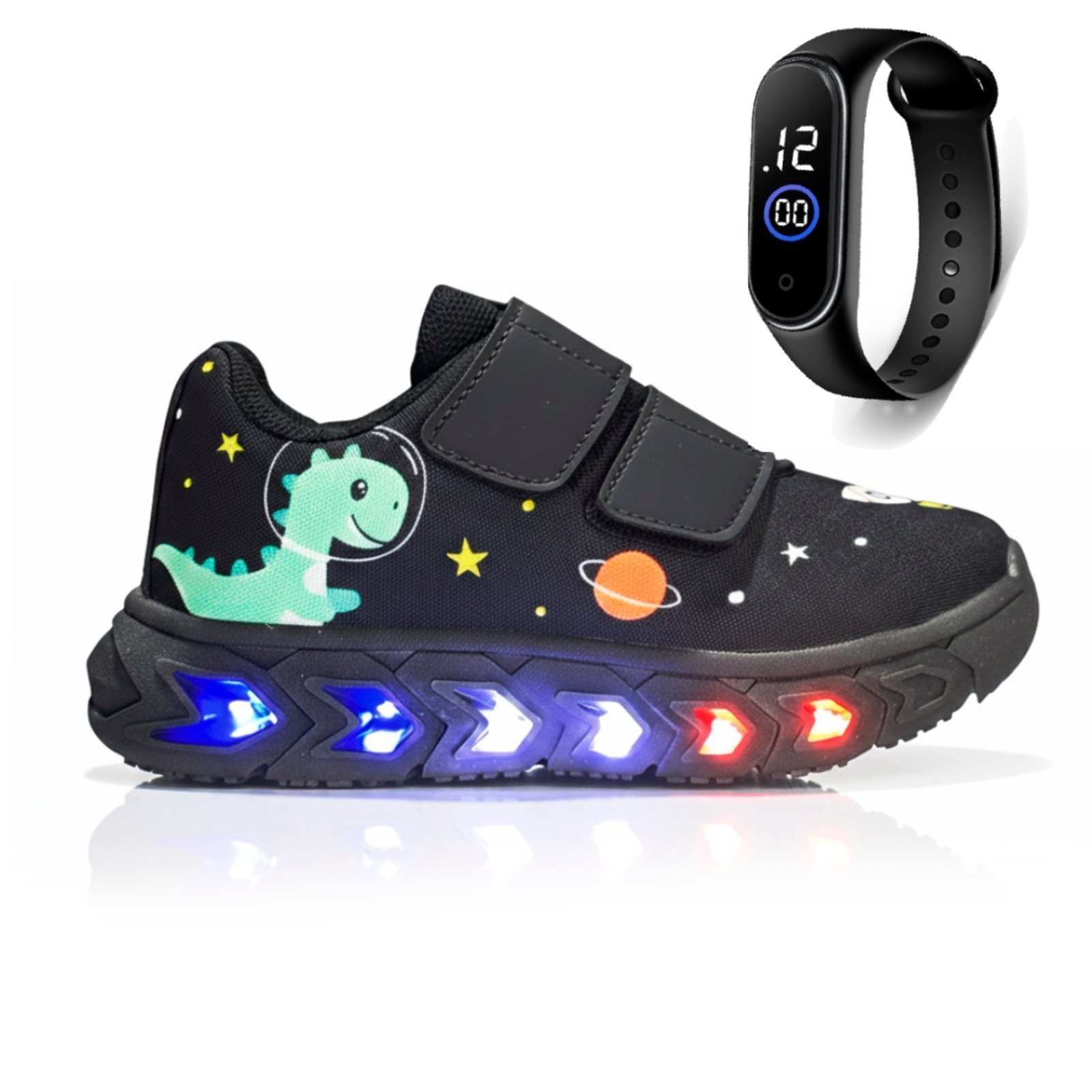 Vista 2 Infantil - Kit Tênis de Led para Meninos Dino Estampa Confortável + Relógio Digital CALCADOS LGHT LIGHT preto CALCADOS LGHT LIGHT preto