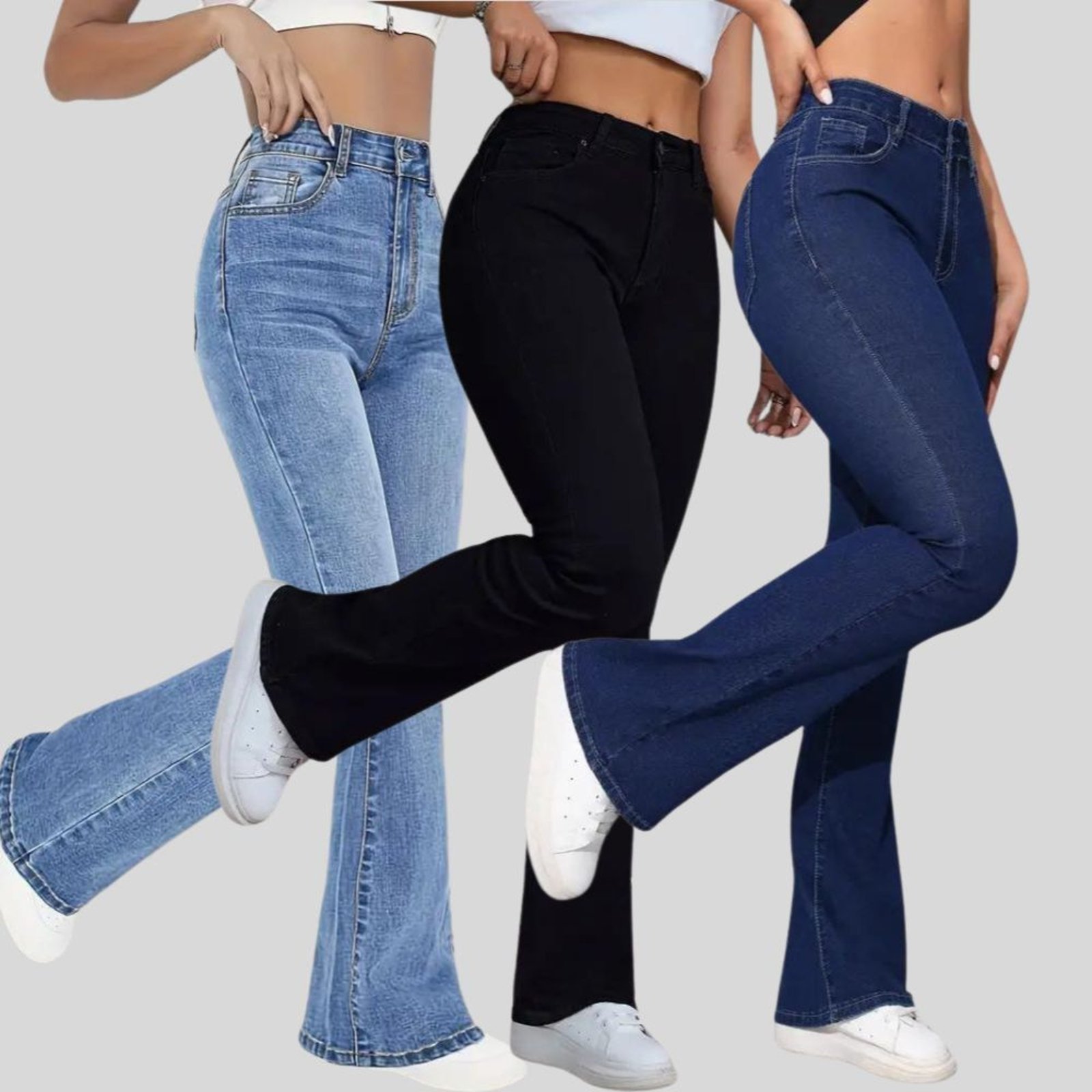 Vista 2 Kit 3 Calças Femininas Flare Lavagem Clara, Preta e Lavagem Escura Cintura Alta TEX JEANS TEX JEANS jeans
