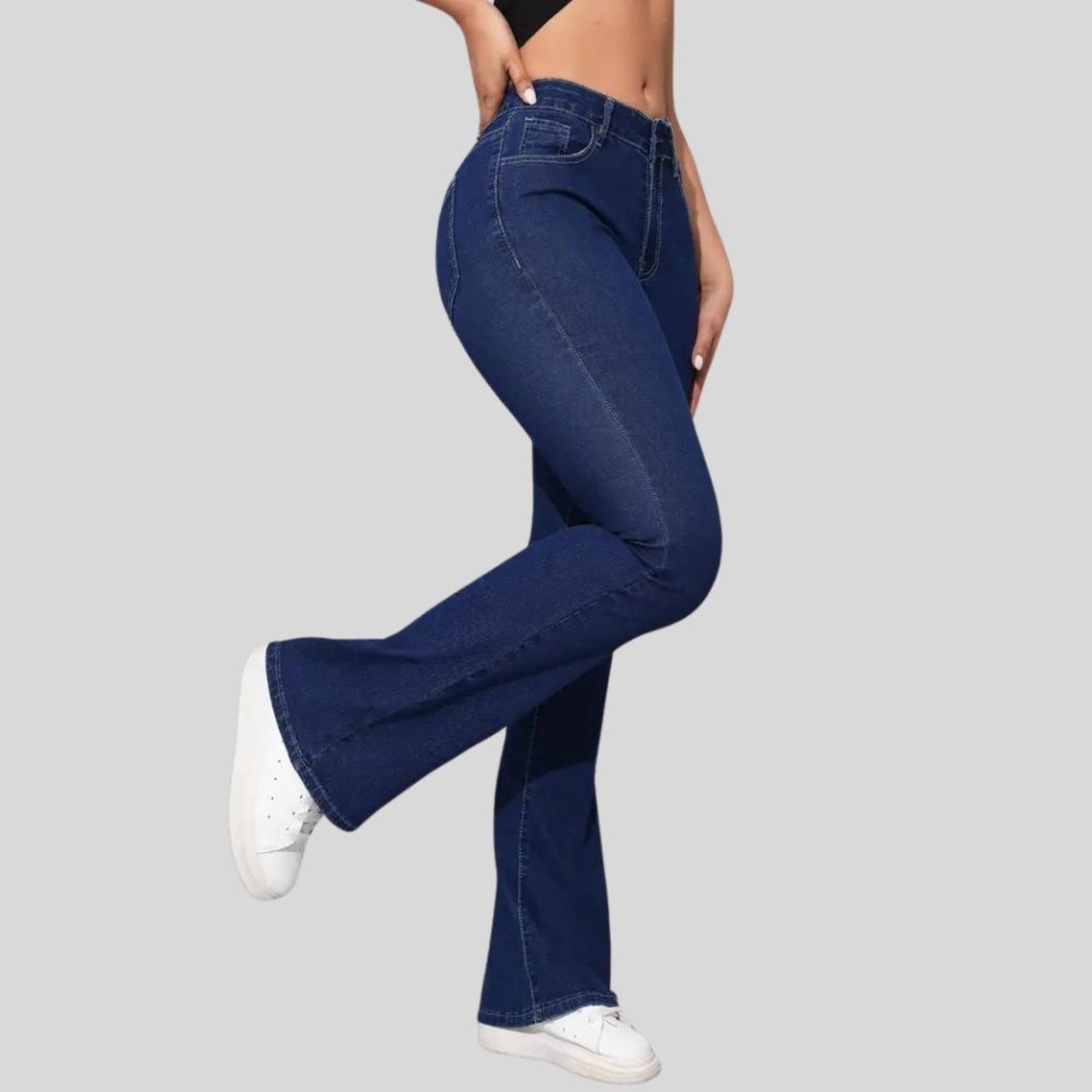 Vista 3 Kit 3 Calças Femininas Flare Lavagem Clara, Preta e Lavagem Escura Cintura Alta TEX JEANS TEX JEANS jeans