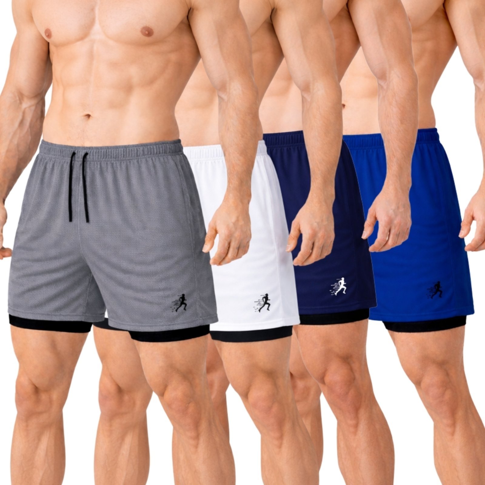 Kit 4 Short Treino Dry Fit Térmico 2 em 1 Estampado com Bolso para Celular e Porta-Toalha Calção Fitness Academia
