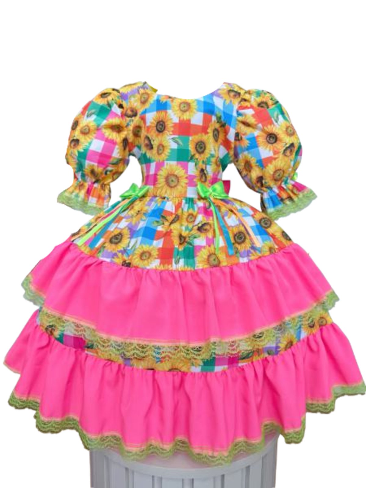 Infantil - Vestido Festa Junina Rosa Chiclete Xadrez Girassol Junino Caipira Quadrilha Sinhá Rodado