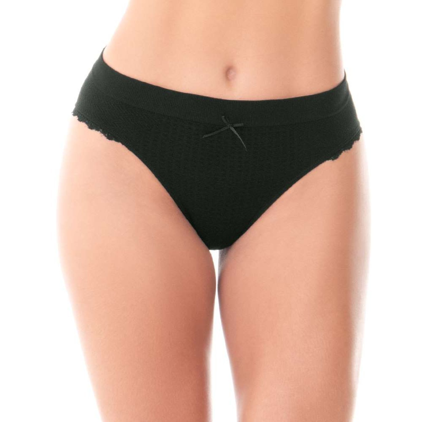 Calcinha Anatômica Jacquard Preta Com Renda Lateral Sem Costura