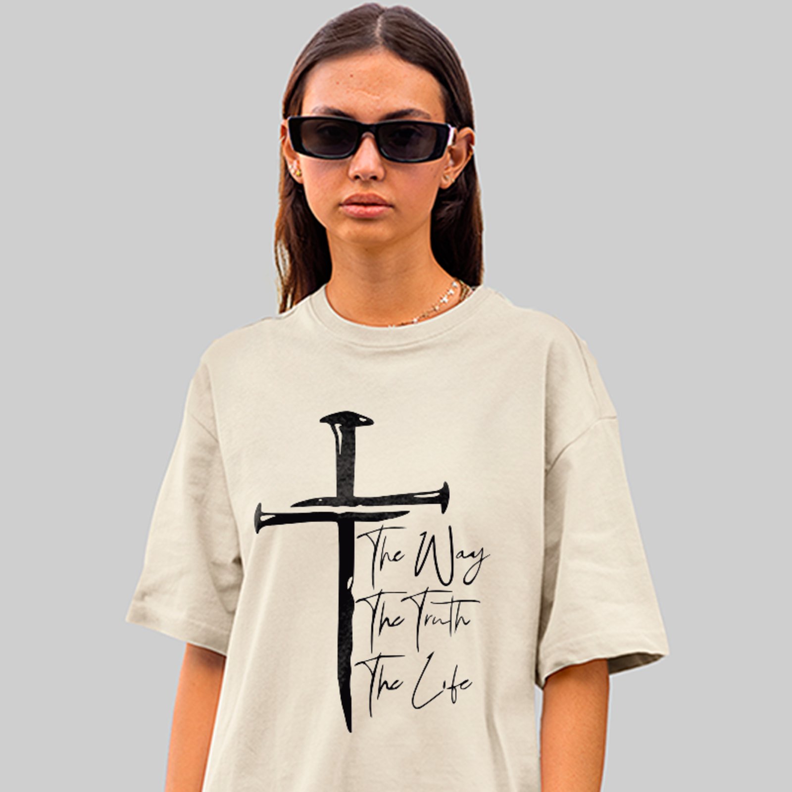 Camiseta Oversized Gospel Fé The Way Truth Life Unissex Off White