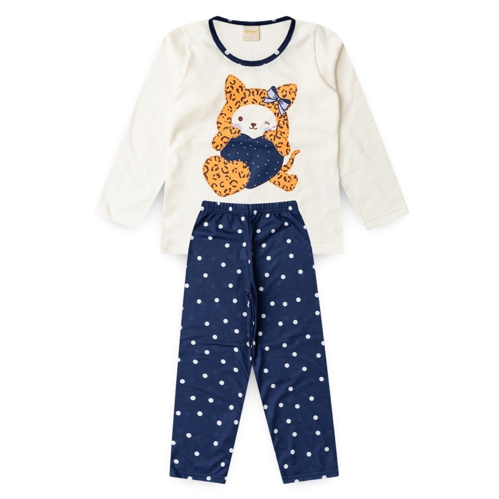Pijama Longo Menina Natural Gatinha de Bolinhas