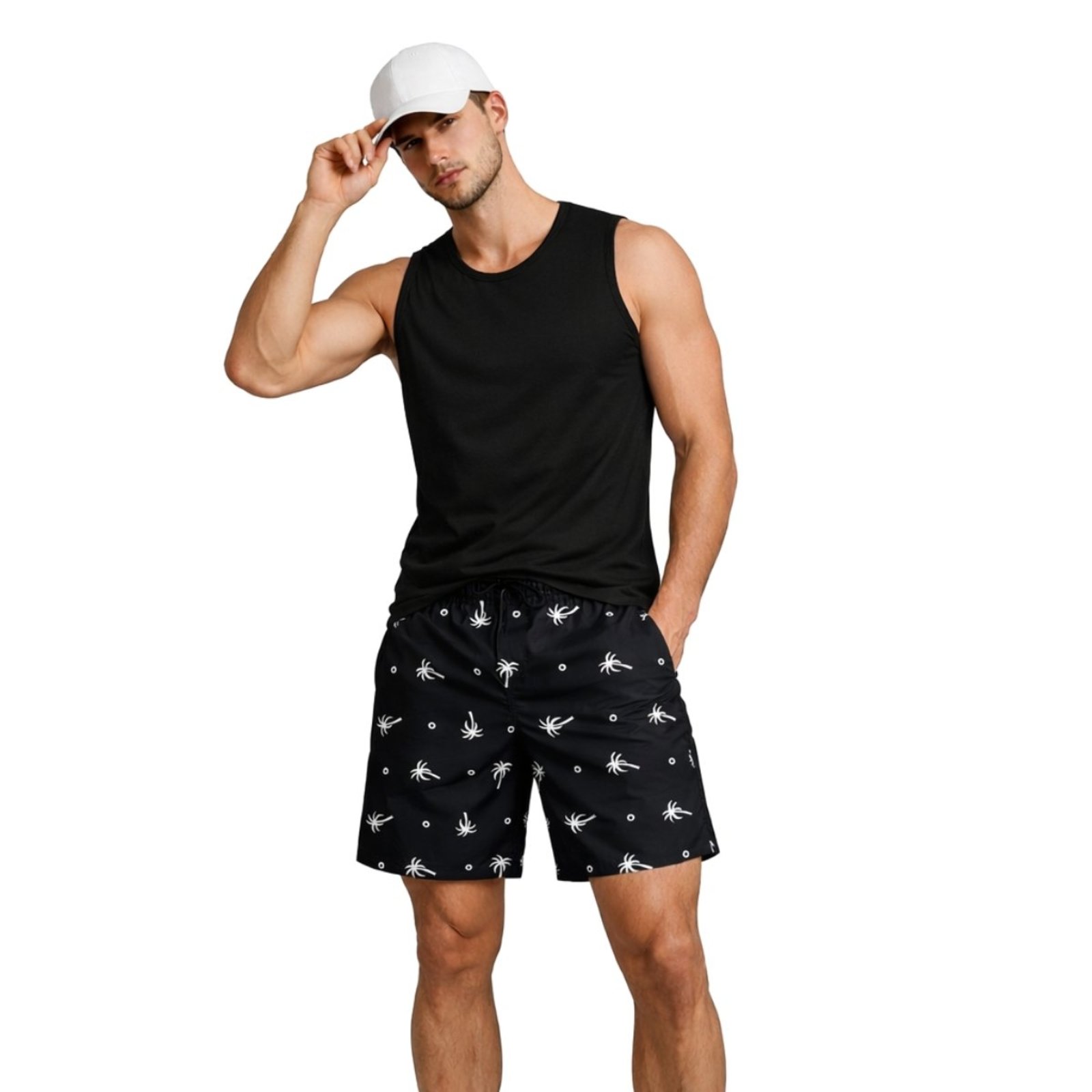 Conjunto Masculino Camiseta 100% Algodão, Boné e Short Tactel Estampando
