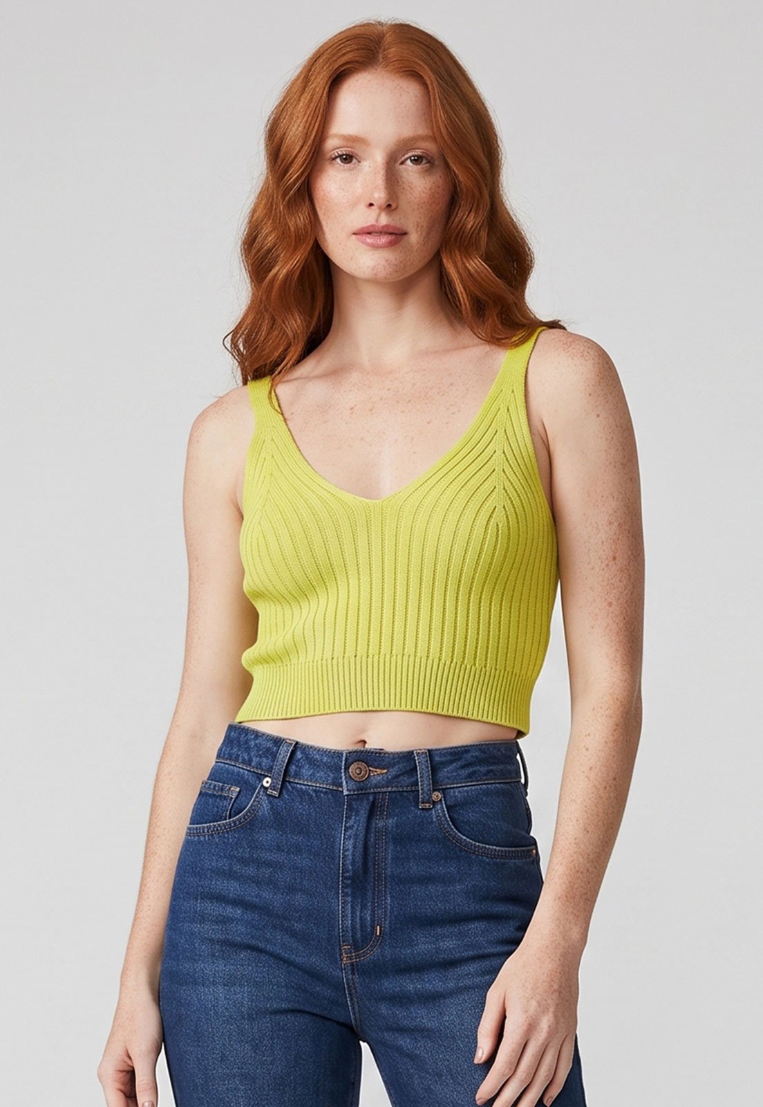 Blusa Cropped Lez a Lez Tricô Alças Largas Amarela