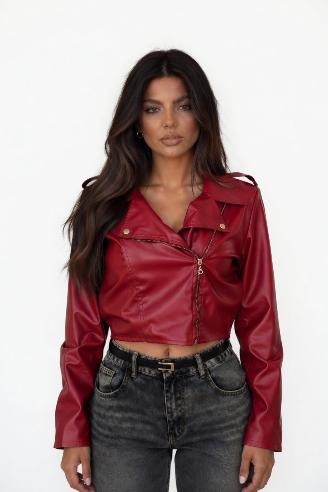 Jaqueta Cropped D Bell Outlet Fashion Couro Vermelho