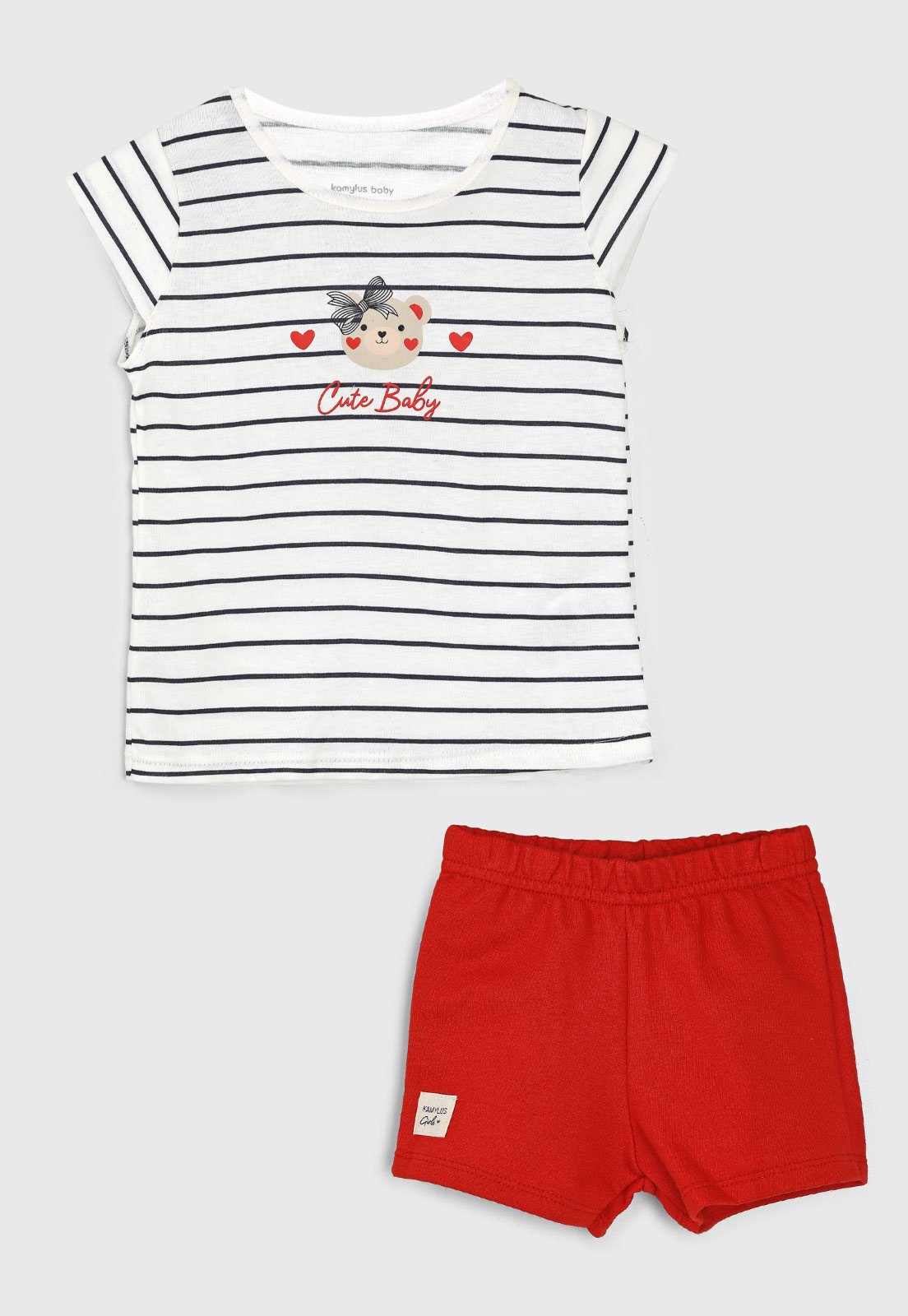 Conjunto Curto Kamylus Ursinho Listrado Branco