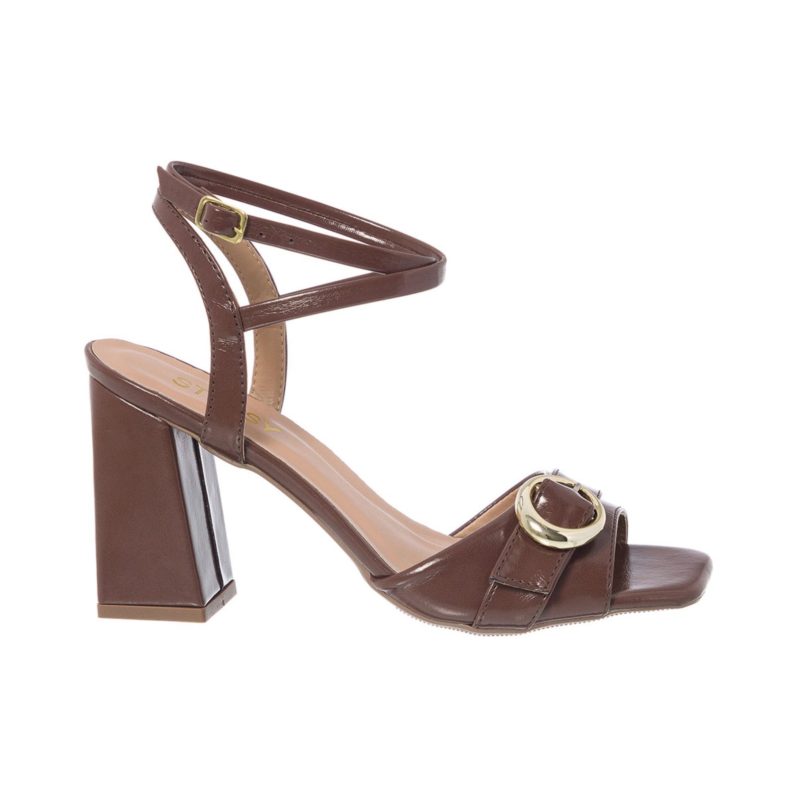 Sandália Feminina Stessy Bico Quadrado Salto Bloco Fivela Luxo Moda Marrom