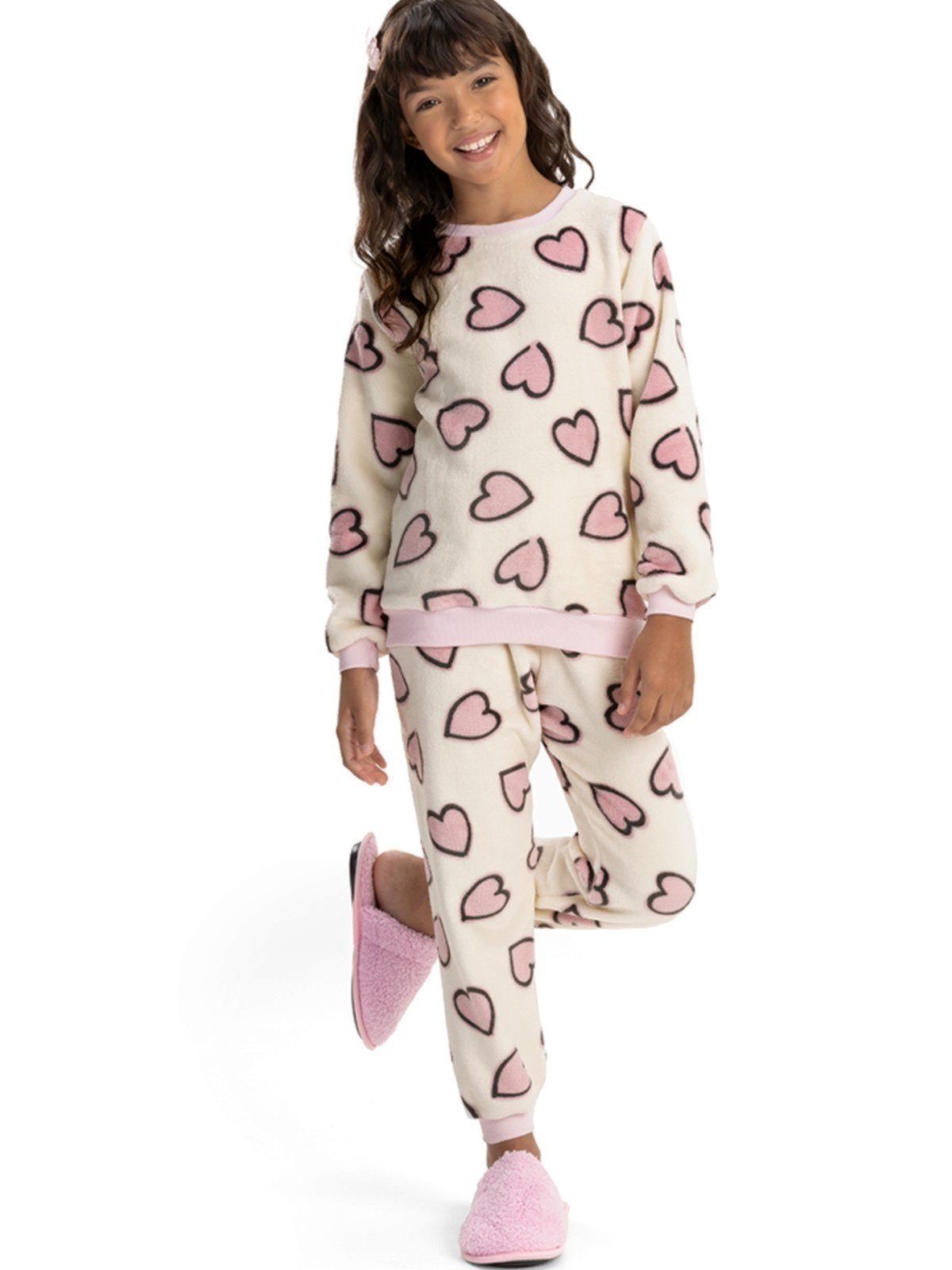 Pijama em Fleece Menina Magicamente Corações Branco