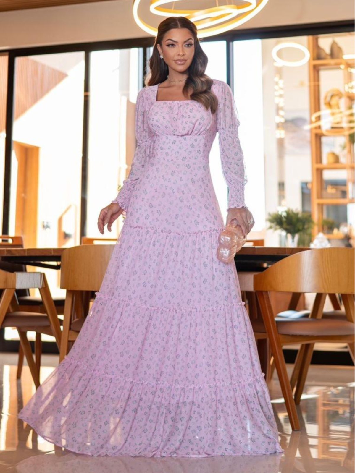Vestido Longo Feminino Manga Comprida Em Tule Modesto Rosa