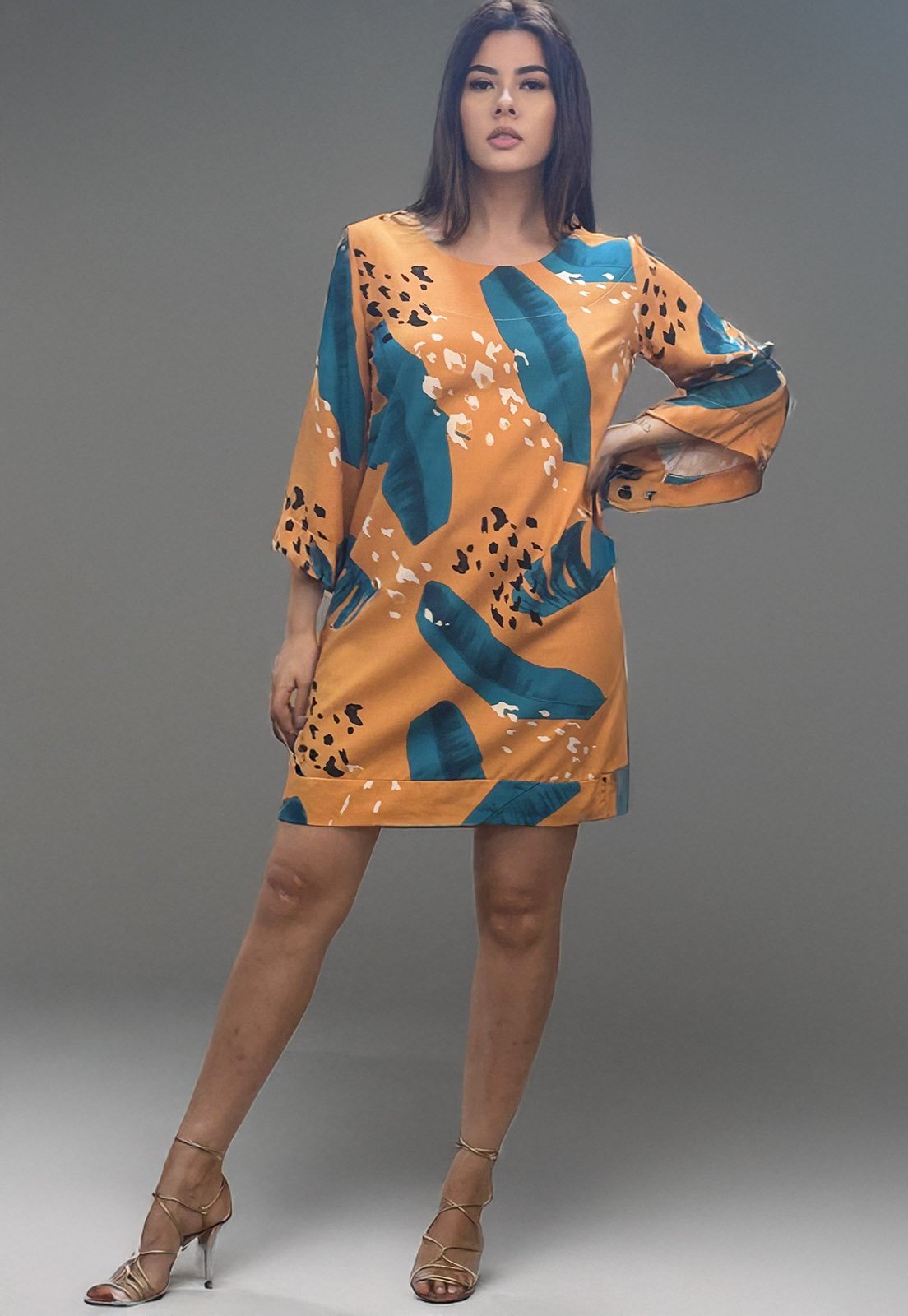 Vestido Curto Amazonia Vital Viscose Manga Ampla Balli Aurora Botânica