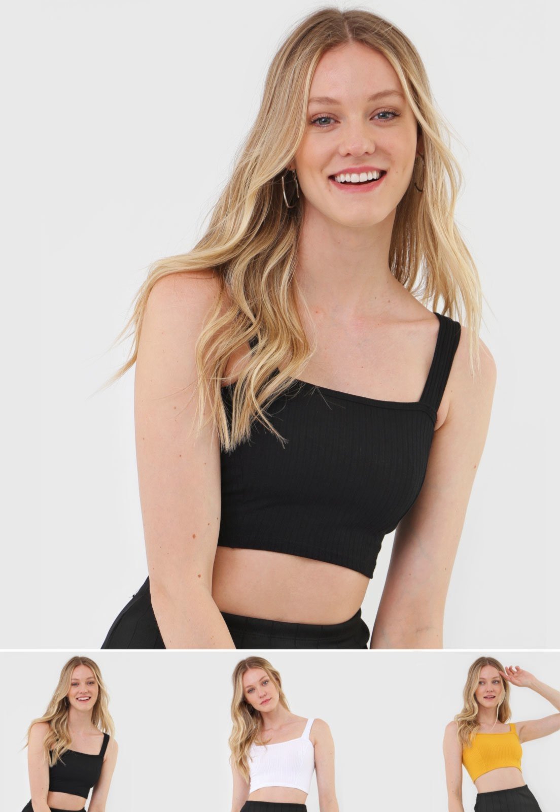 Kit 3 Croppeds Salvatore Top Faixa Comfy Malha Canelada Preto, Branco e Mostarda