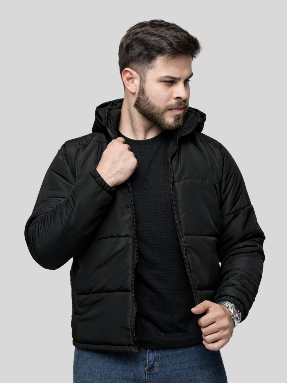 Jaqueta Puffer Bobojaco Masculina Com Capuz Removível Preta