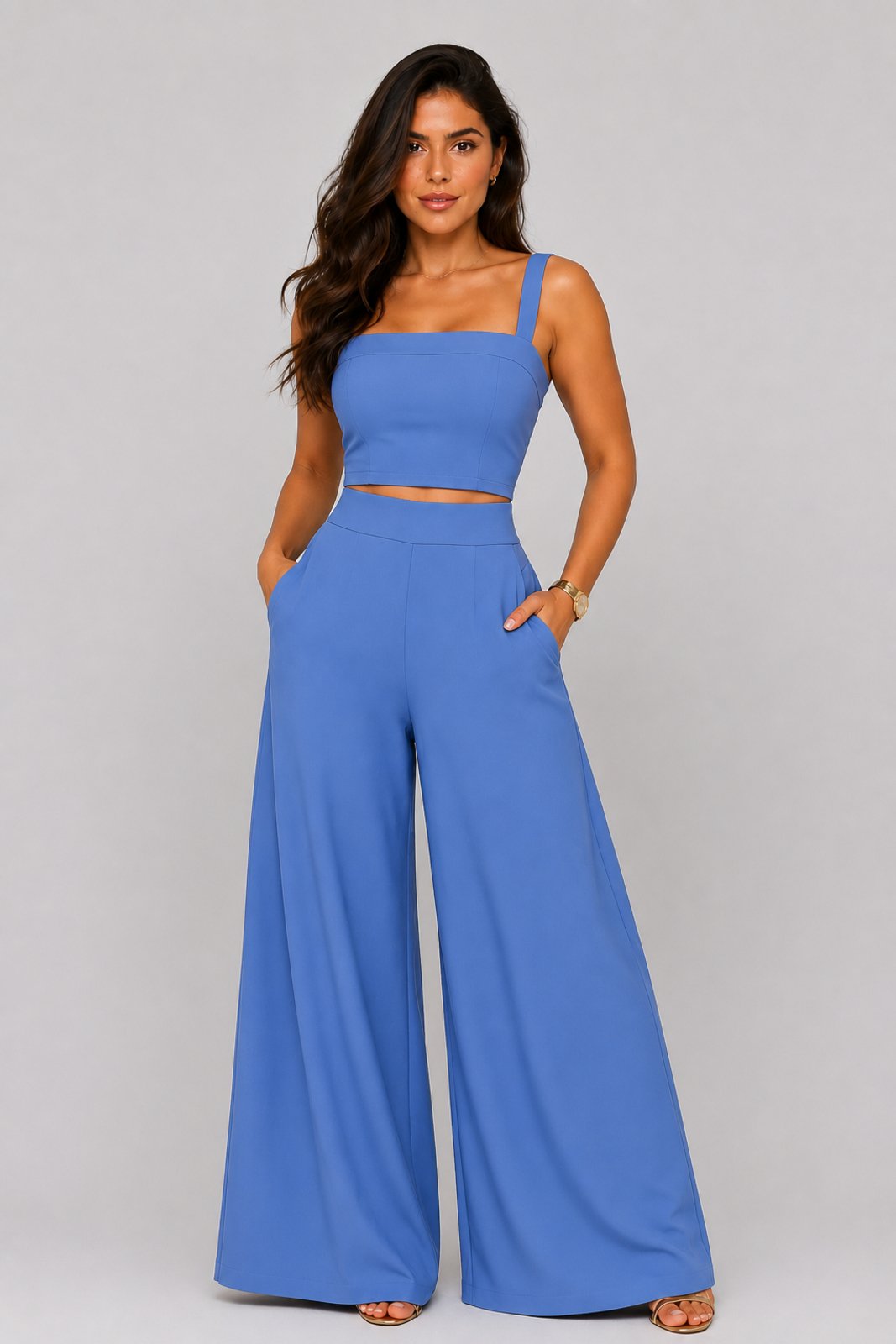 Conjunto D Bell Outlet Fashion Cropped e Calça Pantalona Azul Claro
