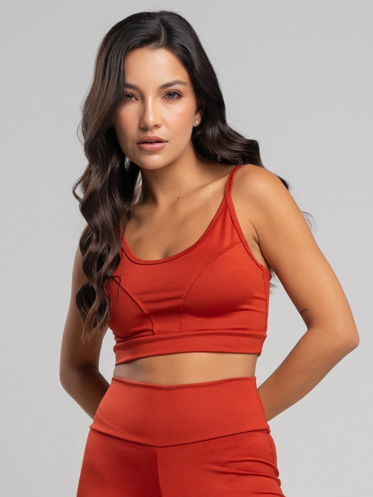 Vista 3 Top Alcinha Suplex Fitness Vicbela Cropped Academia Treino Moda Feminina Terracota caramelo/coral/laranja Vicbela caramelo/coral/laranja