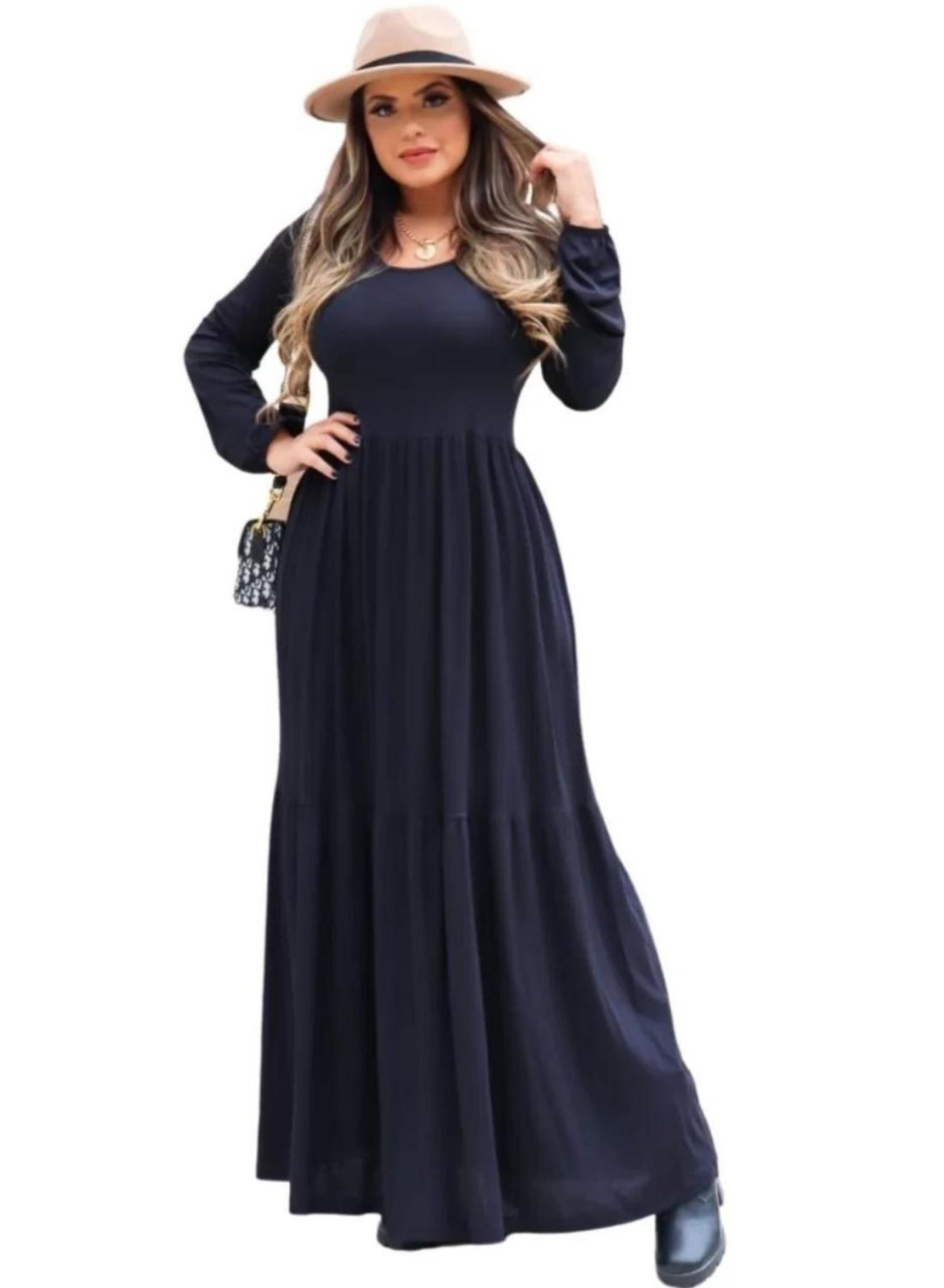 Vestido Liso Longo Manga Longa Outono Inverno Viscolycra Preto