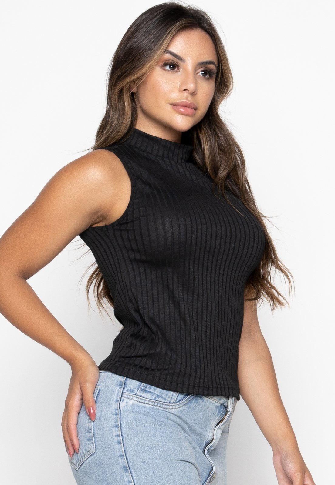 Vista 3 Regata Canelada Bravaa Store Blusa Feminina T-shirt Camiseta Fitness Academia 292 preto BRAVAA STORE preto