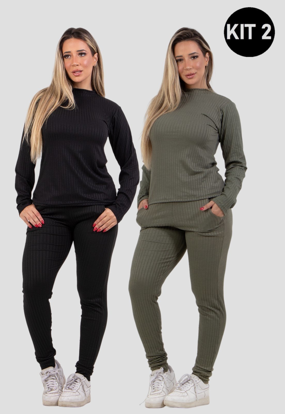 Kit 2 Conjuntos Canelado 4 Estações Manga Longa Blusa Canelada Calça Jogger Cintura Alta Liso Preto/Verde