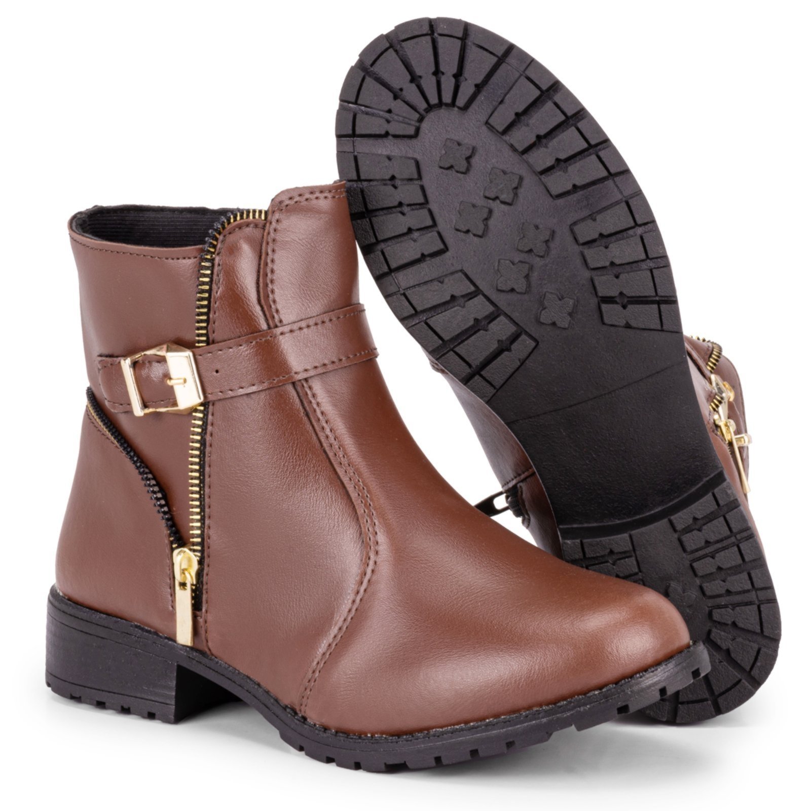 Bota Botinha Feminina Cano Curto Baixo Mr Try Shoes Salto Quadrado Coturno Bico Redondo Marrom