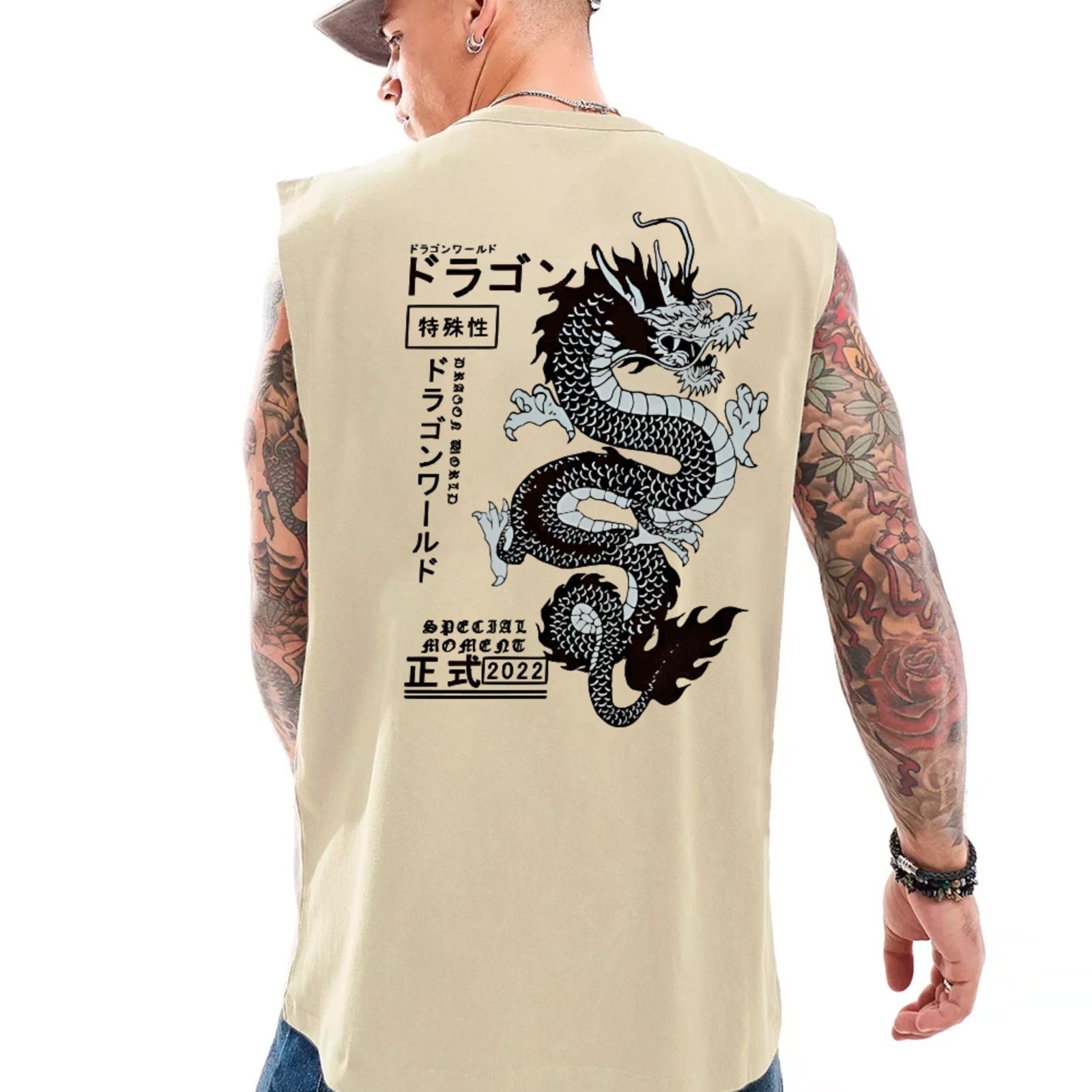 Camiseta Regata Machão Ousy Dragão Oriental Oversized Masculina Off White