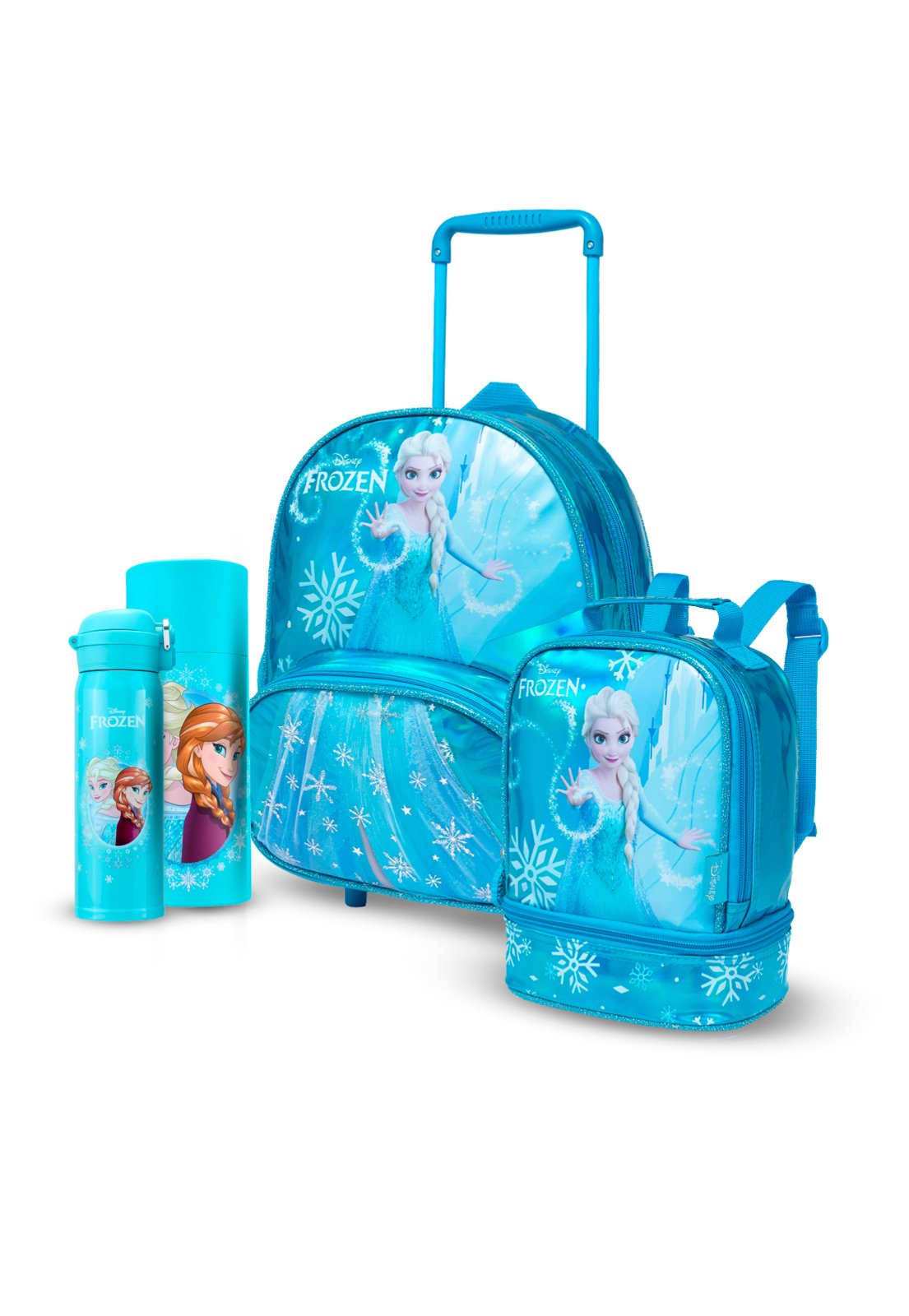 Infantil - Kit Mochila Garrafa Lancheira Escolar Disney Rodinha Frozen