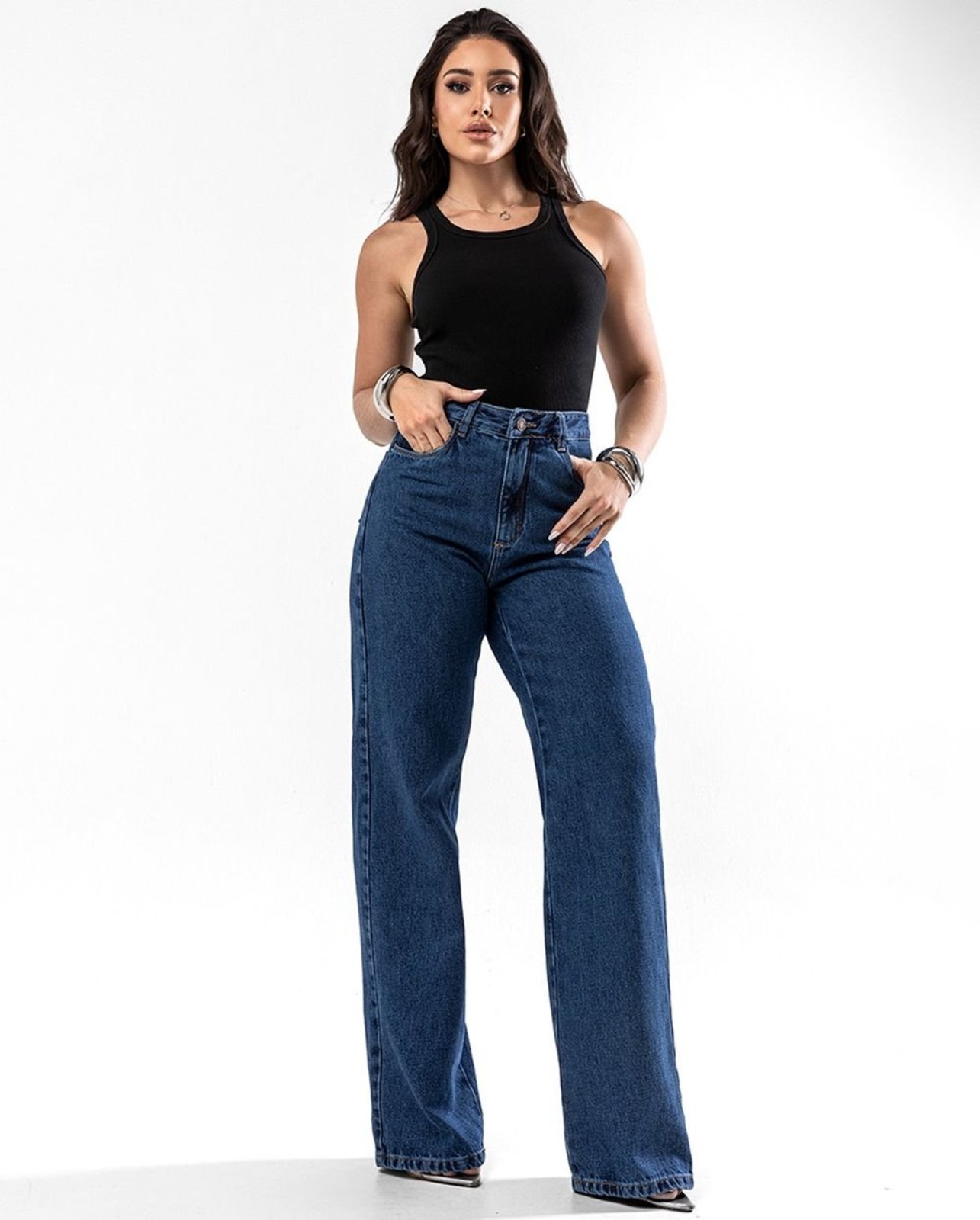 Calça Jeans Wide Leg Feminina Cintura Alta Básica Algodão 29000 Escura Consciência