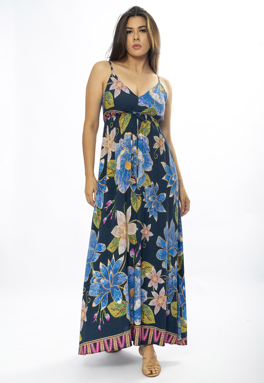 Vestido Longo Amazônia Vital Alça Fina Estampa Maré Floral