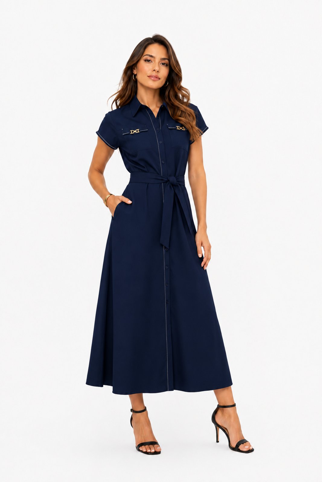 Vestido Midi D Bell Outlet Fashion Chemise Pespontado Azul Marinho