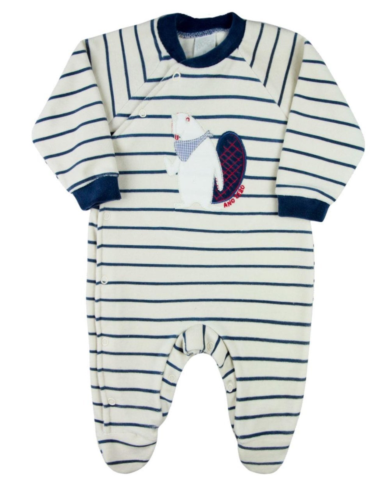 Infantil - Macacao Menino Plush Listrado Bordado Marmota - Azul Jeans