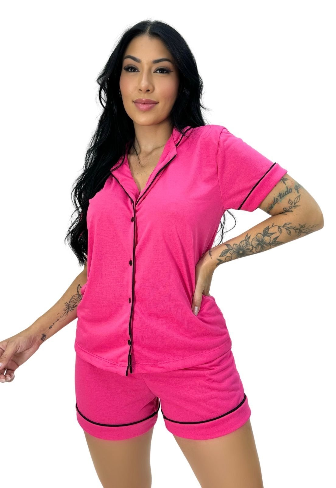 Pijama Amamentação Americano com Botão Manga Curta com Gola Pós Parto Feminino Terra e Mar Pink