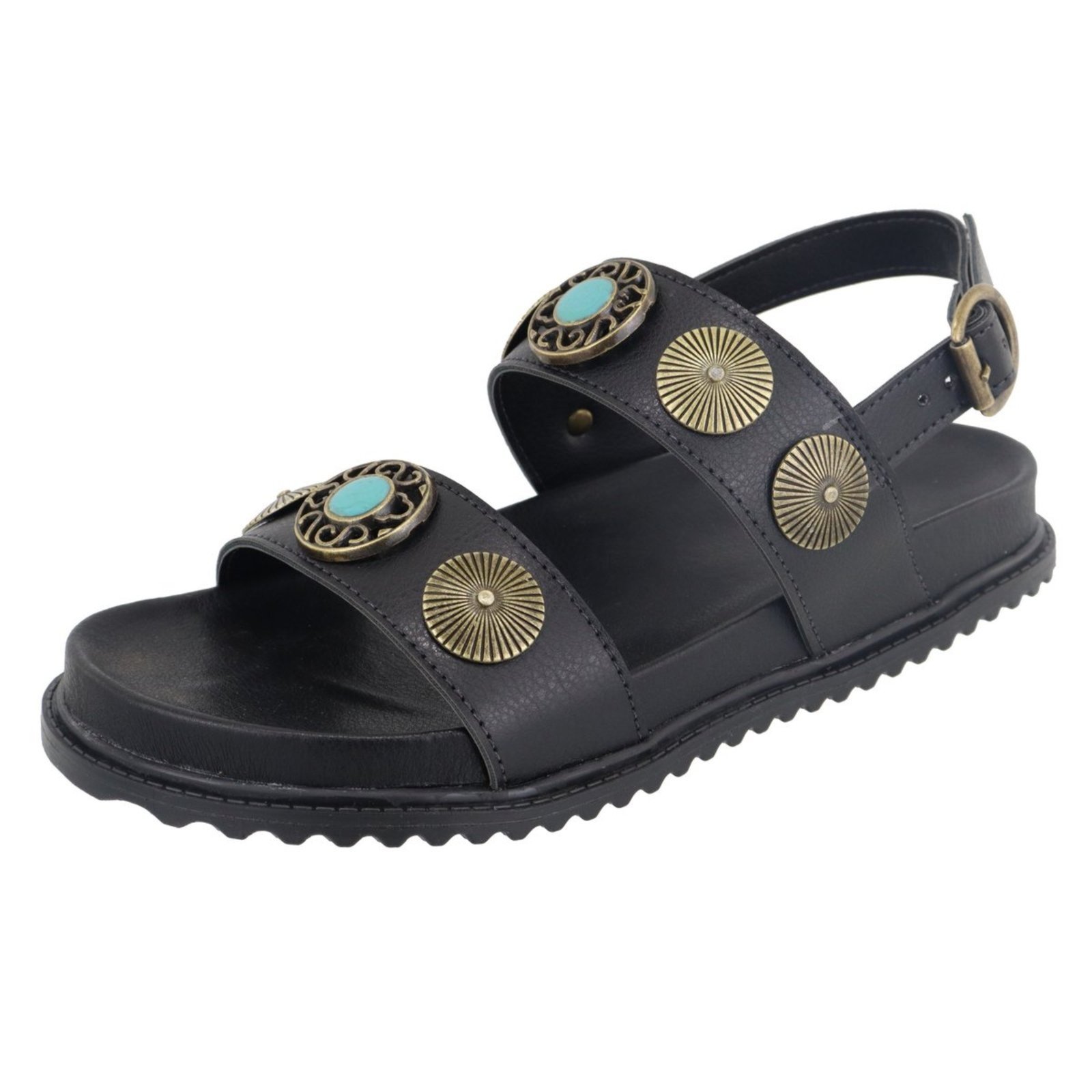Sandália Papete Feminina Paula B Estilo Boho Com Detalhes No Metal Dourado Envelhecido E Amarração No Tornozelo Conforto Preto