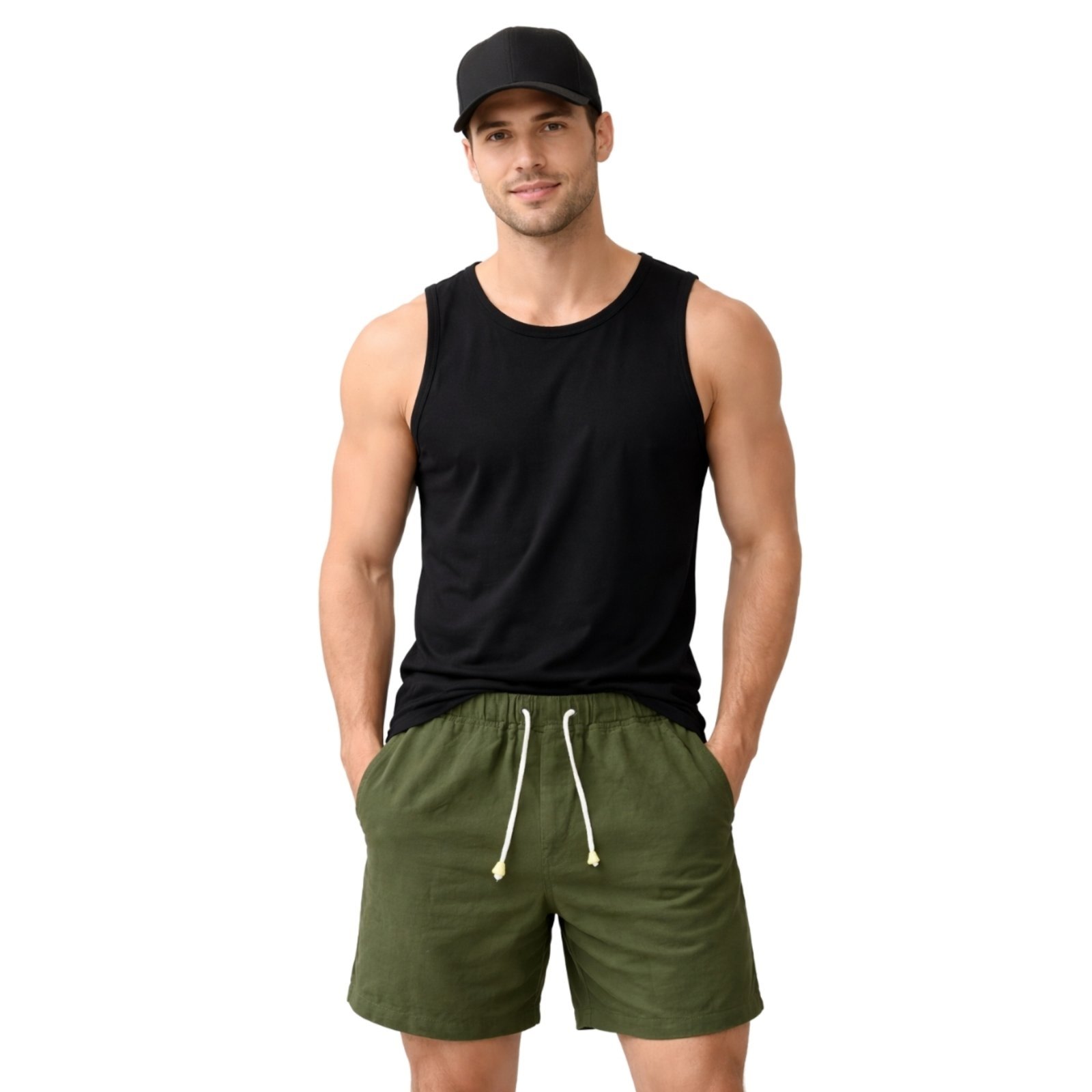 Conjunto Regata Short Linho e Boné 6 Painéis Premium Masculino Moda Praia Luxo