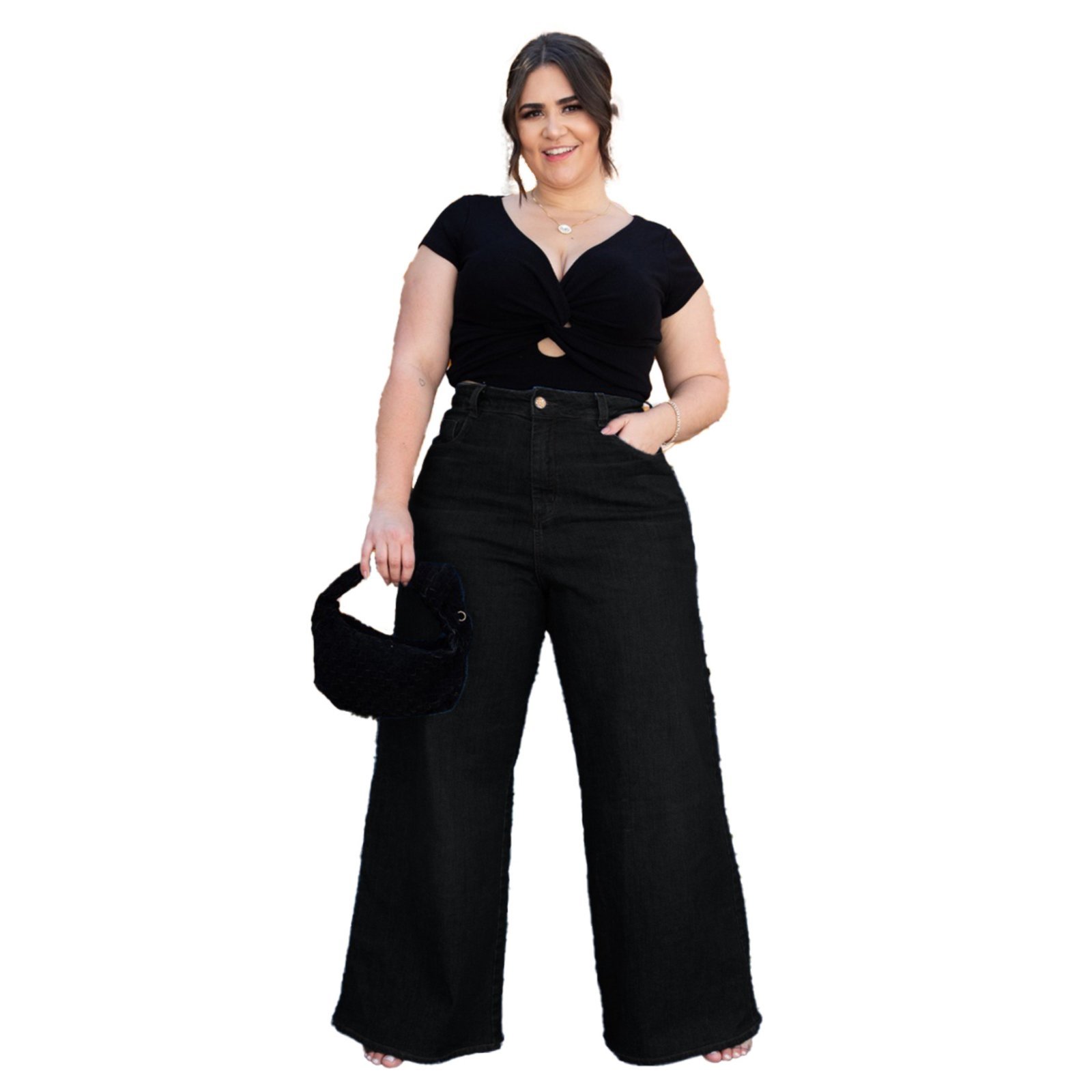Calça Wide Leg Plus Size Pantalona Preta