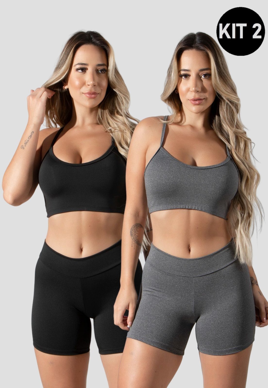 Kit 2 Conjuntos Feminino Fitness Top alça fina e Short Curto Suplex Lisa Treino Academia 4 Estações Preto/Cinza