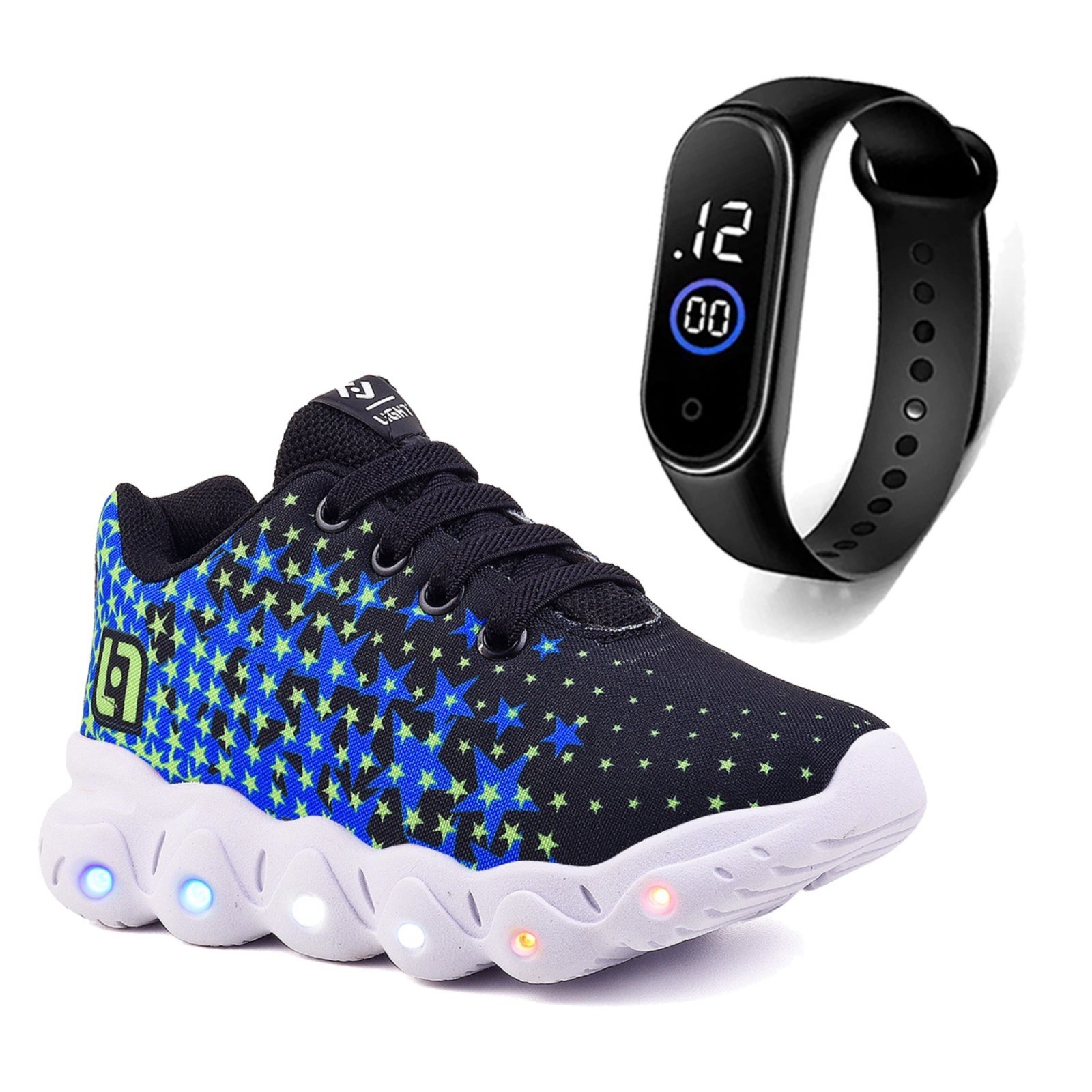 Infantil – Tenis de Led Meninos Casual Escolar Calce Facil Preto + Relogio